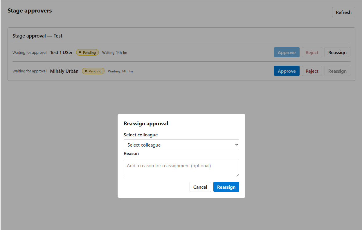 Reassign approval dialog